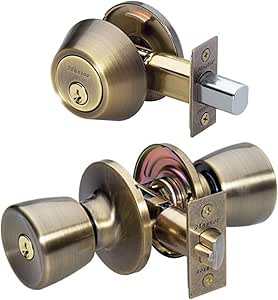 Master Lock Keyed Entry Door Lock, Single Cylinder Deadbolt with matching Tulip Style Knob, Antique Brass, TUCO0605,Combo