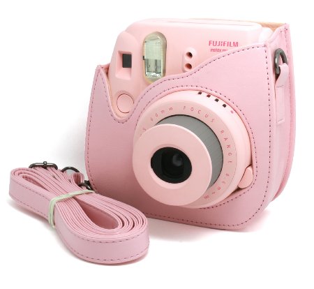 Woodmin Pink PU Leather fuji mini case bag for Fujifilm Instax Mini 8 case   Free Shoulder Strap