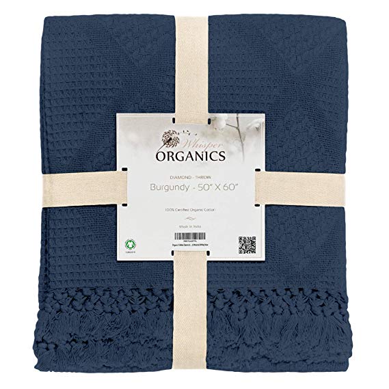 Whisper Organics Organic Cotton Throw Blanket G.O.T.S. Certified - Diamond Pattern (50x60, Navy Blue)