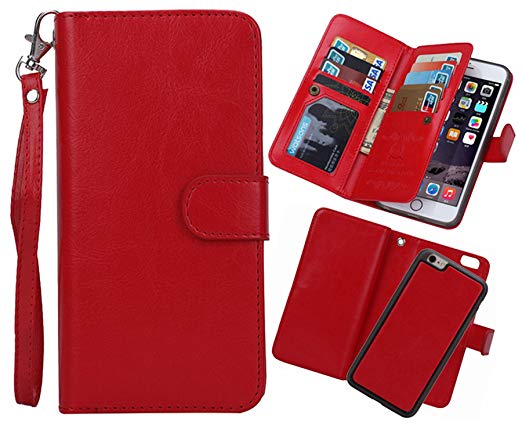 iPhone 6 plus/6S Plus 2 in 1 Wallet Case，Hynice Folio Flip PU Leather Case Magnetic Detachable Slim Back Cover Card Holder Slot Wrist Strap Wallet for iPhone 6 plus/6S Plus 5.5"(red)