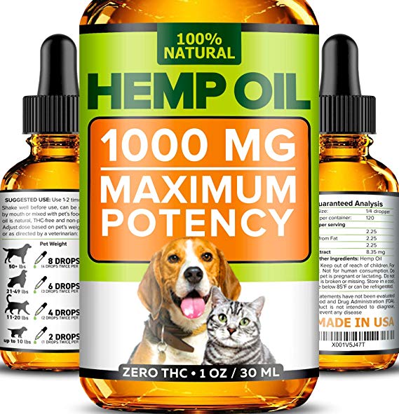 Oil for Dogs and Cats - 1000mg - Premium Extract - Advanced Formula - Grown & Made in USA - Omega 3, 6 & 9 - Supports Hip & Joint Health, Natural Relief for Pain, Separation Anxiety