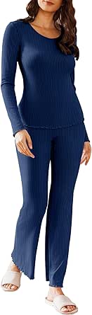 Ekouaer Women's Pajamas set Ribbed Knit Long Sleeve Top and Flare Pants Loungewear Sleepwear Pjs 2 Piece lounge sets, S-XXL