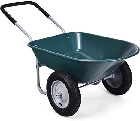 Goplus Dual Wheel Wheelbarrow, Heavy Duty Garden Cart, 330 lbs Capacity Utility Cart with Two 13 inches Pneumatic Tires for Outdoor Lawn Yard (Green)