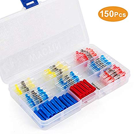 WYCTIN 150PCS Solder Seal Wire Connectors Kit, Insulated Straight Wire Butt Splice Terminals Electrical Crimp Connector, Heat Shrink Butt Connectors, Waterproof