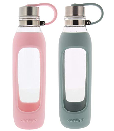 Contigo Purity Glass Water Bottle - Protective Silicone Sleeve and Tethered Lid Included - Tasteless and Odorless Drinking - 100% BPA-Free - 20-Ounce, 2 Pack, Sea Glass and Charming Pink