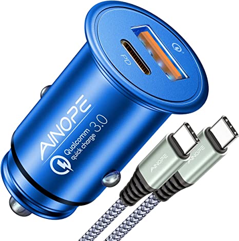 AINOPE USB C Car Charger 48W Super Mini All Metal Fast USB Car Charger Adapter PD&QC 3.0 Dual Port Compatible with iPhone 13 12 11 Pro Max Samsung Galaxy Note 20 S21 Google Pixel -Dark Blue