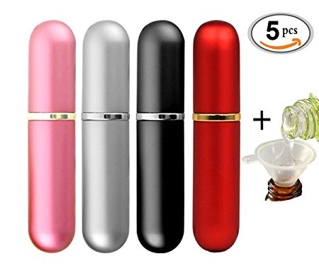 CINEEN Perfume Atomiser Bottles Refillable Travel Size Atomiser Spray Bottle with Funnel Pump (Black Sliver Red Pink，5ml） 4PCS/Set