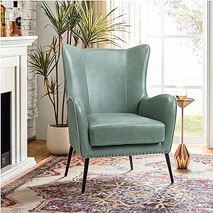 HULALA HOME Faux Leather Accent Chair w/Removable Cushion, Comfy Upholstered Armchair with Black Metal Legs & Nailhead Trim Wingback Vanity Chair Desk Chair for Bedroom Reading Living Room, SAGE