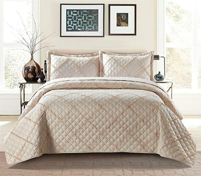 Luxury Quilted Solid Colour Bedspread Ruffle Embossed Comforter with Pillow Case Bedding Set (Beige, Super King)
