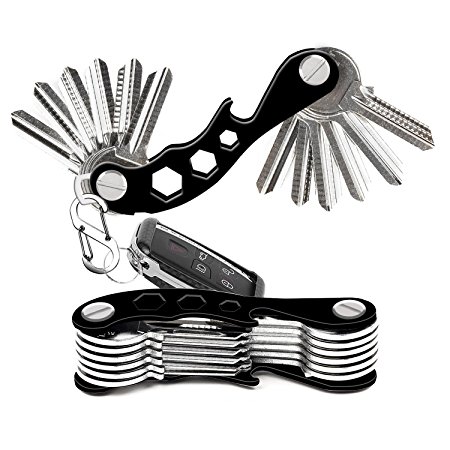 Bonim Compact Key Organizer Up to 14 Keys - Smart Keychain Holder Multi-Function Pocket Key Gadget - Lightweight Compact Practical Multi Tool Key chain With Carabiner (Black)