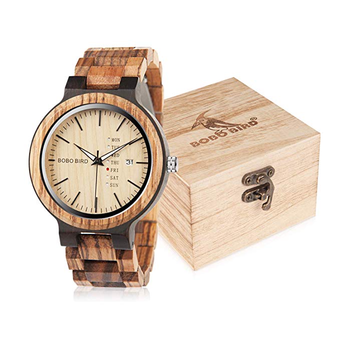 BOBO Bird Week and Date Multi-Functional Display Men's Zebra Wooden Quartz Watch Lightweight Handmade Casual Wristwatches with Gift Box