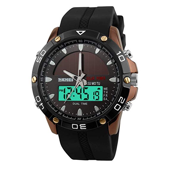 FeiWen Mens Multifunction Outdoor Waterproof Solar Watches Analog Quartz Digital Sports Military Stainless Steel Watch with Rubber Strap LED Back Light Date Stopwatch