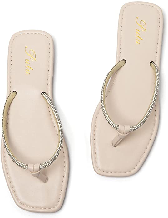 Putu Women's Flat Sandals Rhinestone Flip Flops Dressy Thong Sandals with Square Open Toe