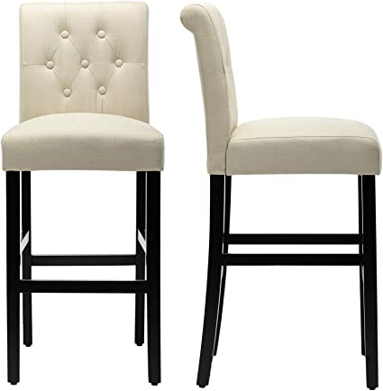 LSSBOUGHT Set of 2 Button-Tufted Fabric Barstools Dining High Counter Height Side Chairs (Seat Height: 30 inches, Beige)