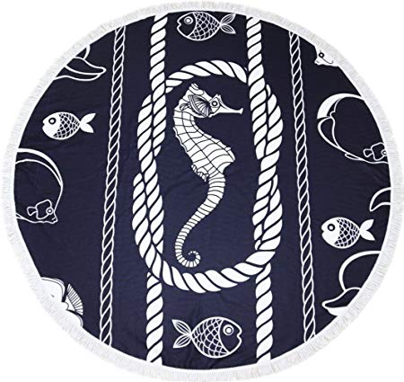 Microfiber Round Beach Towel Blanket-2019 New Oversized Thick High Colour Fastness Super Water Absorbent Large Beach Towels 62 Inches Great Gift Idea Navy Sea Horse