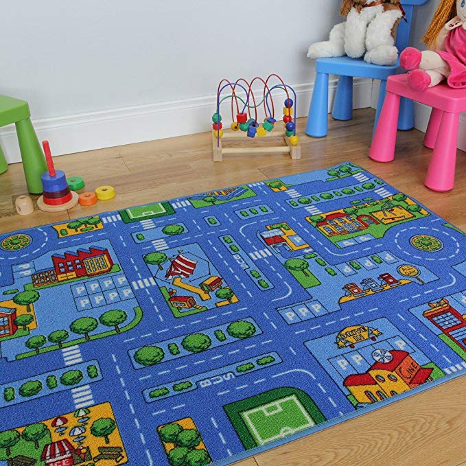 The Rug House Blue Play Village Roads Children's Bedroom Playroom Mat - 95cm x 133cm