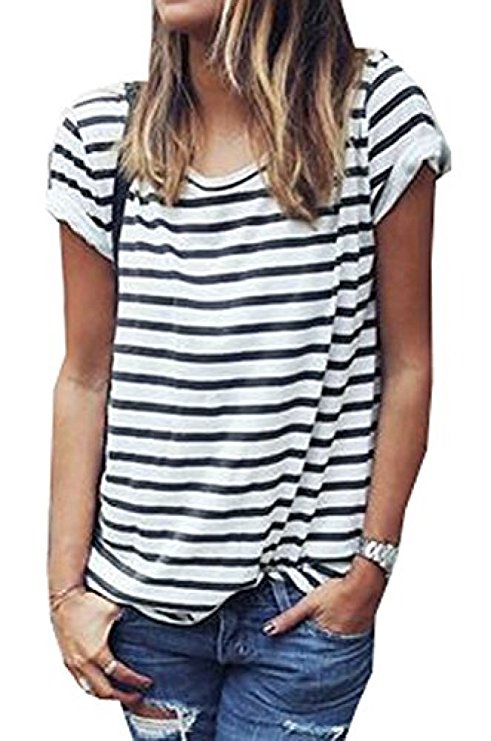 Hoyod Women's Round Neck Black and White Striped Short Sleeve Shirt Top