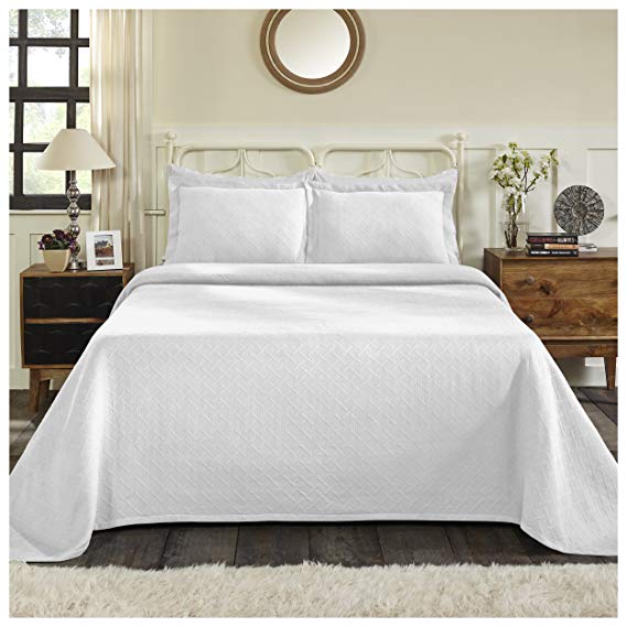 Superior 100% Cotton Basket Weave Bedspread with Shams, All-Season Premium Cotton Matelassé Jacquard Bedding, Quilted-look Geometric Basket Pattern - King, White