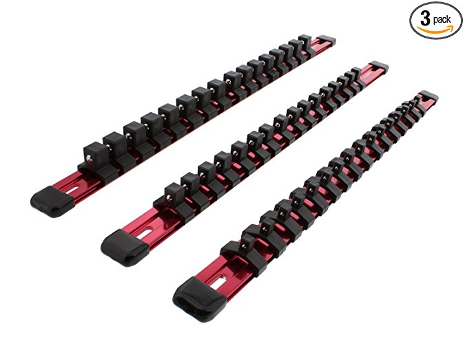 ABN Red Aluminum SAE Socket Holder Rail 3-Piece Set – 1/4", 3/8”, 1/2" Inch Socket Rails and 16 Clips Tool Organizer