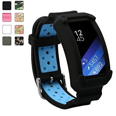 Samsung Gear Fit2 / Gear Fit2 Pro Watch Band, Rugged Silione Rubber Cover Protective Case with Strap Bands for Samsung Gear Fit 2/Fit 2 Pro Smartwatch (Black/Blue)