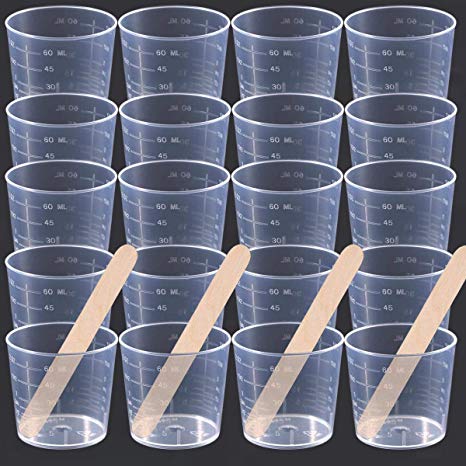 36 Pack 60ml/2 oz Clear Graduated Plastic Cups Measuring Cups with 100 Pack Wood Stir Sticks for Mixing Paint, Stain, Epoxy, Resin