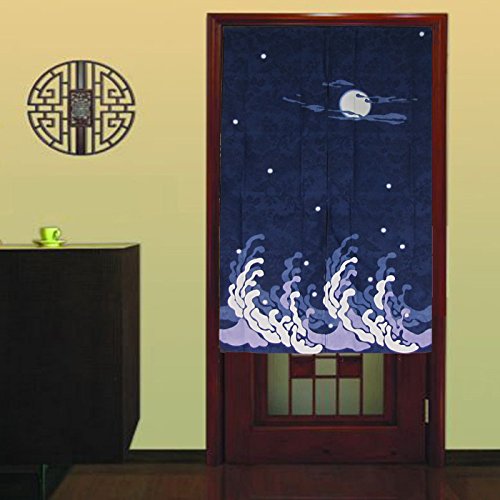 Dark Blue Peaceful Night Pattern Doorway Curtain Big Waves and Bright Moon Shinny Stars Japanese Style Noren Curtain