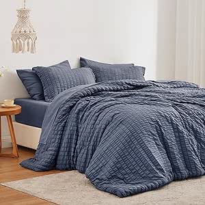 Love's cabin Seersucker Navy Blue King Size Comforter Set 7 Pieces, All Season Bedding Set, King Bed in a Bag Comforter Set with Comforter, Flat Sheet, Fitted Sheet, Pillowcase and Pillow Sham