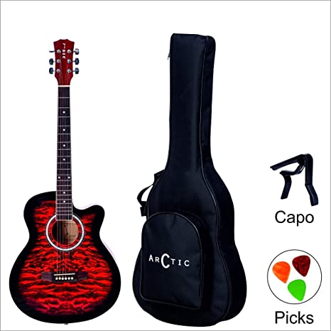 ARCTIC VG-40MTP- RD Acoustic Guitar package with 40 inches folk steel string Guitar Curved shape with Bag, Capo & Picks (Red)
