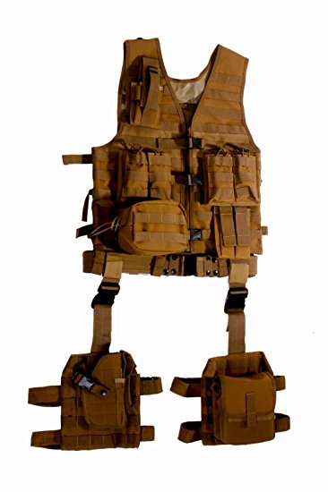 Ultimate Arms Gear Tactical Assault Scenario FDE Flat Dark Earth Tan MOLLE 10 Piece Ambidextrous Complete Kit Set Deluxe Modular Web Vest w/ Hydration Bladder Pocket   2 Open-Top Double Mag Ammo Pouches   Pistol Mags   Cell Phone Radio Pouch   Adjustable Duty Belt   Medical Utility Pouch   Dropleg Pistol Ambi Holster   Multi Purpose Dump Drop Leg Platform Rig