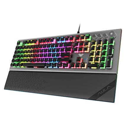 AULA L2098 RGB Mechanical Gaming Keyboard, 104 Floating-Keys Keyboard with Tactile Crystal Switches, Silver Metal Board, Magnetic Light Bar Wrist Rest Plus 4 Backlit/Media Control Knob Buttons