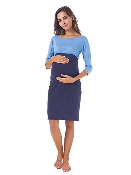 Pinkydot Women 's 1/2 Sleeve Stitching Color and Tie Maternity Dress for Party and Baby Shower