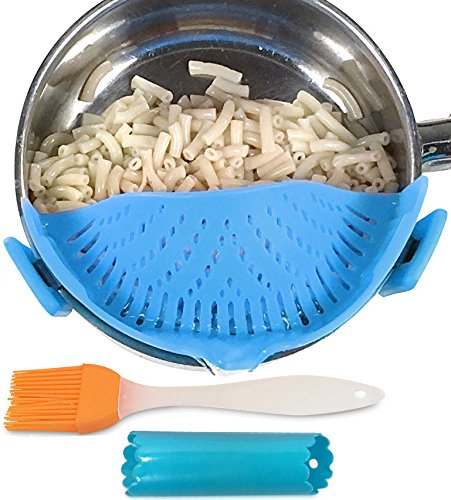 Clip-on kitchen food strainer for spaghetti, pasta, ground beef grease and more, colander and sieve snaps on bowls, pots and pans, Set includes silicone brush & garlic peeler by Salbree, Light Blue