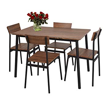 Lucky Tree 5 Piece Dining Set Rustic Wooden Kitchen Table and 4 Chairs Coffee Table Industrial Style