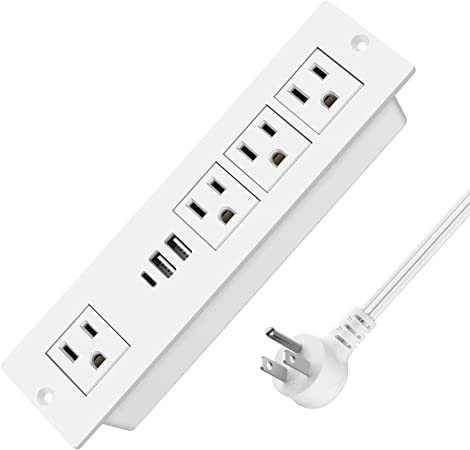 White Type-C Recessed Power Socket, 20W PD Fast Charging USB-C QC3.0 3A USB-A Power Strip, Plug in 4 Outlets & 2 USB-A Ports &1 USB-C Port,Connect Flat Plug 6.5ft Extension Cord