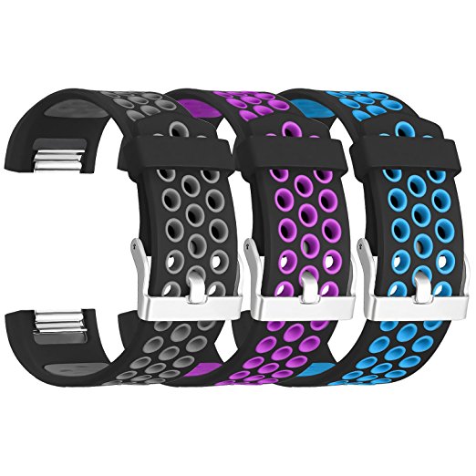For Fitbit Charge 2 Bands, SKYLET 3 Pack Breathable Silicone Replacement Bands for Fitbit Charge 2 with Secure Watch Clasp (No Tracker)