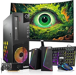 Lenovo Desktop PC Gaming Bundle - Intel Core i7, 16GB RAM, 512GB SSD, 24-inch Curved Monitor, GT 1030 2GB, RGB Speaker, RGB Keyboard Mouse, WiFi, Win 10 Pro (Renewed)