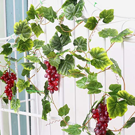 YILIYAJIA 2PCS Artificial Grapes and Vines,Fake Garlands with Greenery Ivy Leaves,Hanging Plants and Fruits for Home Garden Courtyard Decoration (purple)