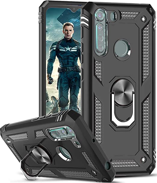 LeYi Motorola Moto One Fusion Case, [Military-Grade] Defender Protective Phone Case with Car Ring Holder Kickstand for Moto One Fusion, Black