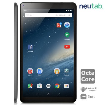 NeuTab 10.1 Inch Octa Core Android 5.1 Lollipop Tablet PC, 1GB RAM 16GB ROM, Bluetooth 4.0 Dual Camera Mini HDMI output, 1 Year US Warranty, FCC Certified