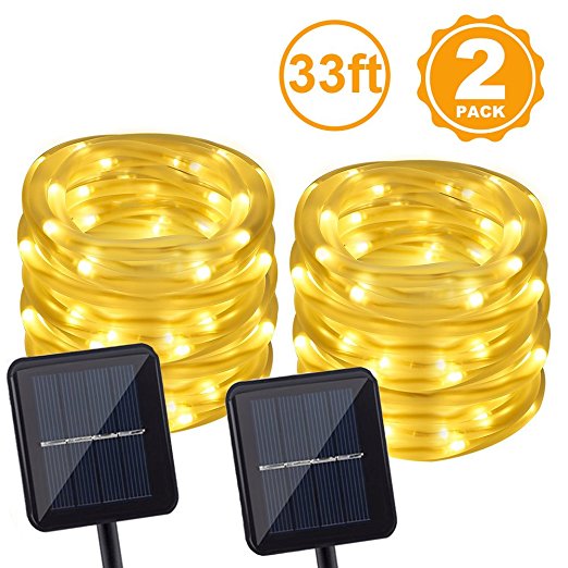33FT Solar Rope Lights Outdoor Waterproof [2pack] BBOUNDER 100LED Warm White String Lights Light Sensor Tube Decoration for Home Party Garden Patio Lawn