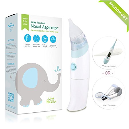 Little Martins Drawer Baby Nasal Aspirator - Safe, Fast, Hygienic Snot Sucker for Newborn & Toddler - Battery Operated Nose Cleaner (Light Blue)