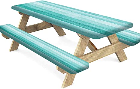 Wood Grain Picnic Table and Bench Fitted Tablecloth Cover, Painted Wood Board Horizontal Lines Blue Waterproof Table Cover, 28x72 Inch, 3 Pieces Set, Outdoor Fitted Tablecloth for Camping Patio Park