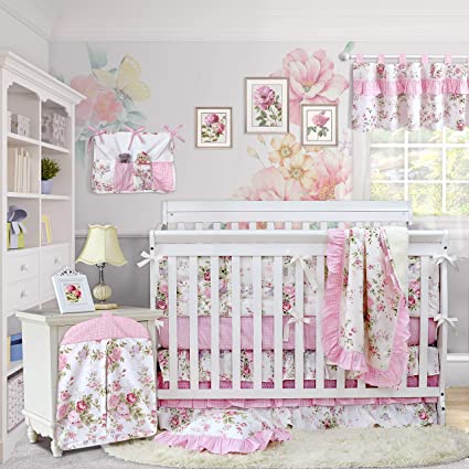 Brandream Pink Baby Girls Crib Bedding Sets with Bumpers Blossom Watercolor Floral Nursery Baby Bedding Crib Sets, 11pieces