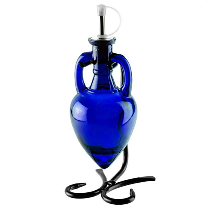 Soap Dispenser, Oil and Vinegar Bottle or Olive Oil Bottle Pourer G234VF Cobalt Blue Amphora Style Glass Bottle. Glass Bottle with Stainless Steel Pour Spout, Cork and Powder Coated Black Metal Stand