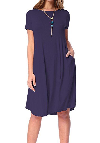 Levaca Women's Summer Plain Short Sleeve Pockets Swing Loose Casual Midi Dress