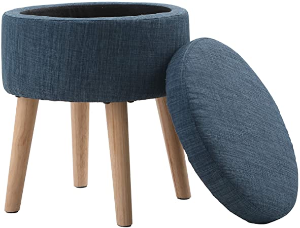 Sophia & William Round Storage Ottoman Footrest Stool with Removable Lid Side Table Seat Padded Linen with Wood Legs Upholstered Decorative Furniture Rest for Living Room, Bedroom-Midnight Navy