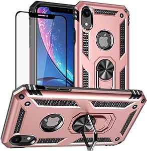 Yiakeng for iPhone XR Case, iPhone XR Phone Case With Screen Protector, Silicone Shockproof Military Grade Protective Phone Cover with Ring Kickstand for Apple iPhone XR (Rose gold)