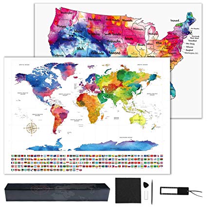 TOBEHIGHER Scratch Off Map of The World - Bonus Scratch Off USA Map, Tracks Your Adventures. Includes Precision Scratch Tool and Magnifying Glass, for Travelers 23.5" x 16.5"