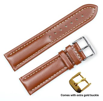 deBeer brand Breitling Style Oil Tanned Leather Watch Band (Silver & Gold Buckle) - Havana 19mm