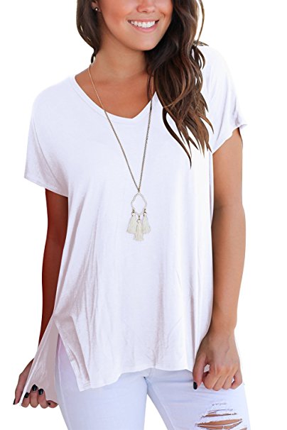 FAVALIVE Womens Short Sleeve T Shirt V Neck Loose High Low Tee Shirts